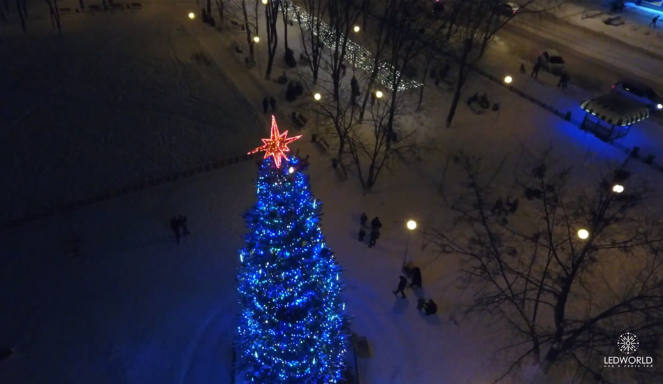 Видео иллюминации городской елки, Звездное небо над парковой аллеей